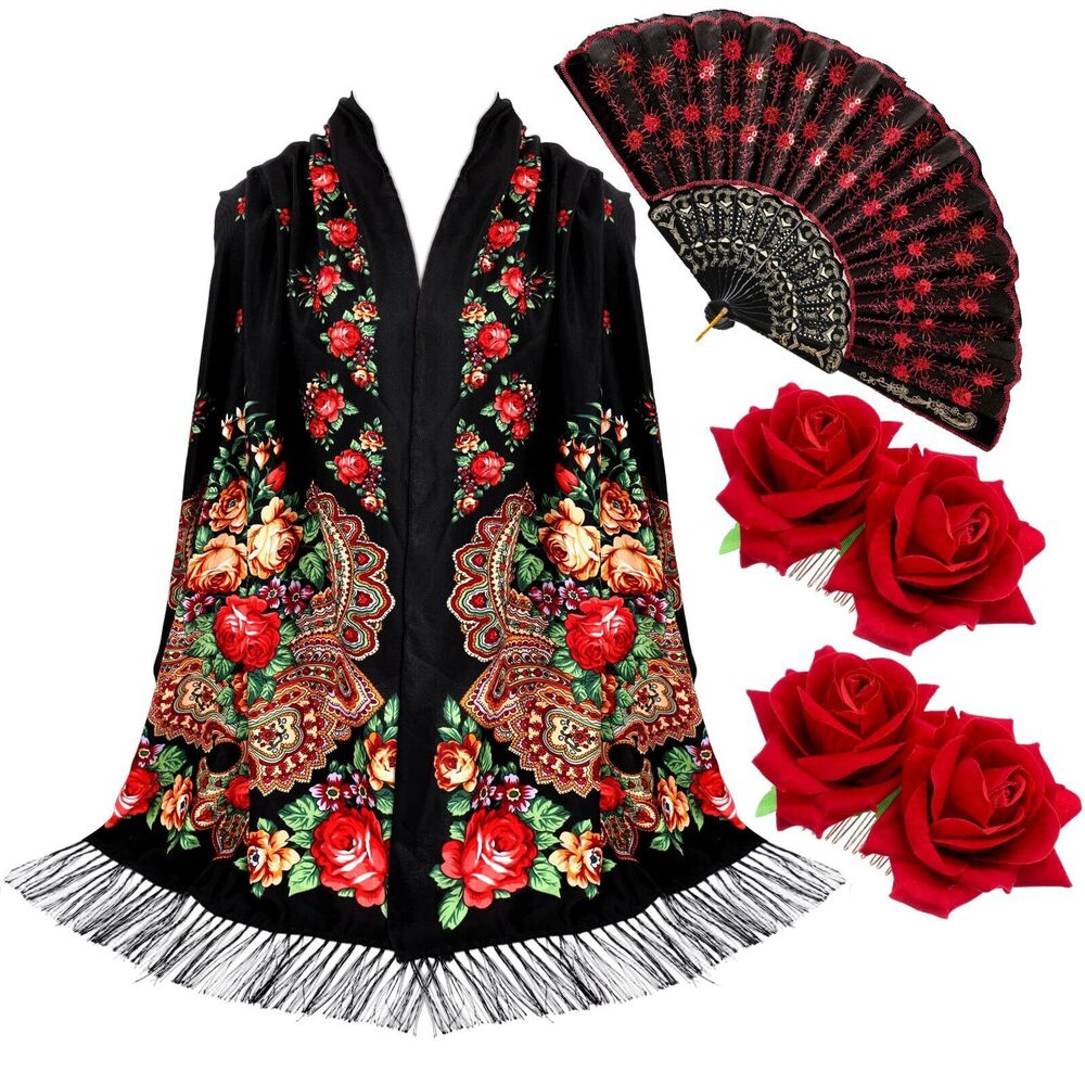 4107 4 Pcs Traditional Mexican Flamenco Dress Tassel Mexican Scarf Shawl
